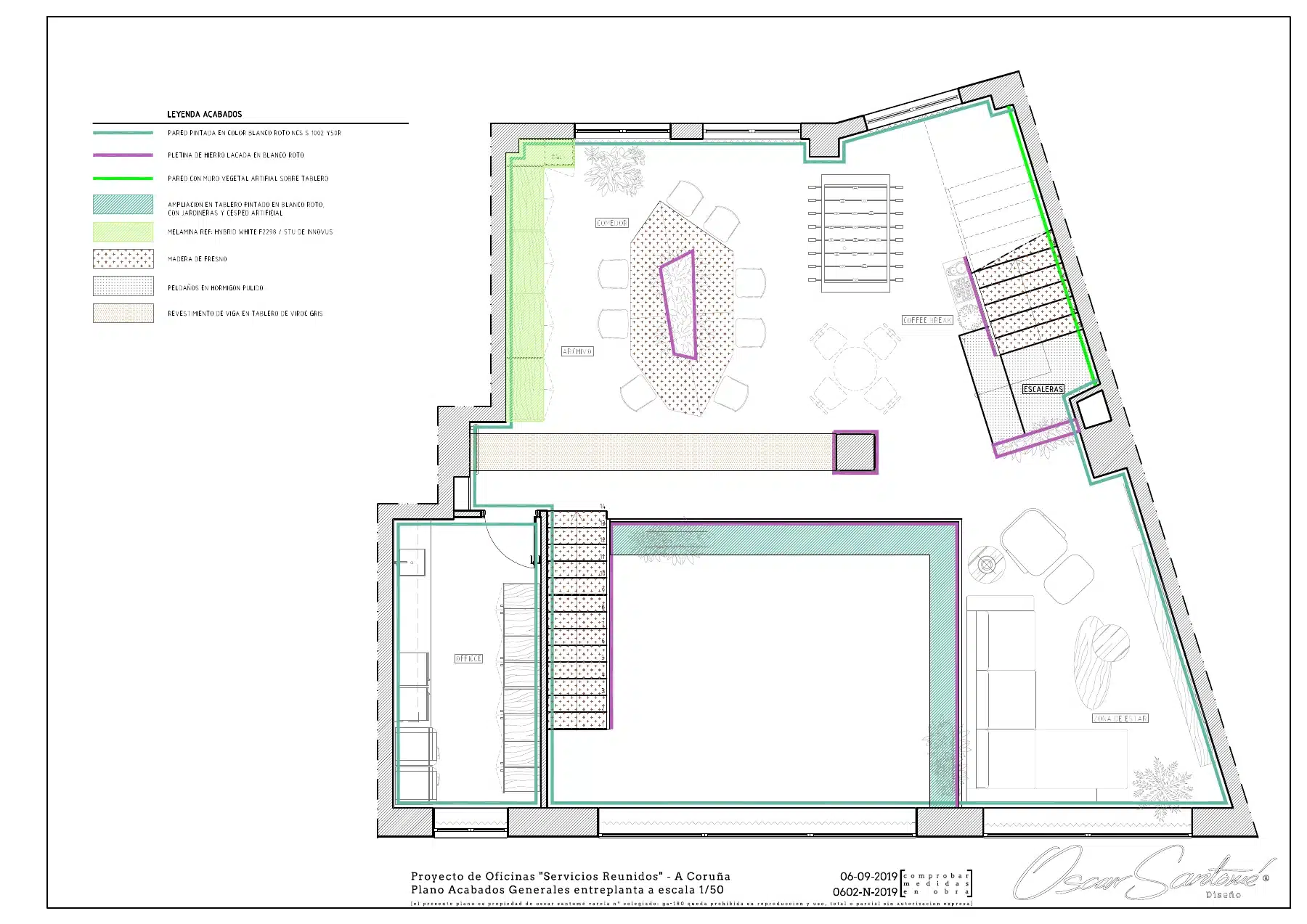 Plano de color de la entreplanta con espacios de encuentro, office y mesa comunitaria